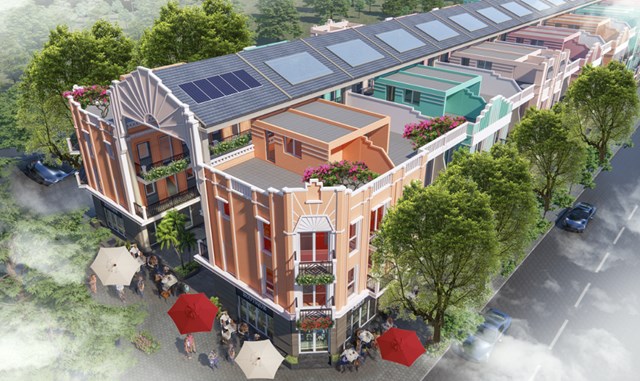 Shophouse hai khối nối bằng m&aacute;i ng&oacute;i kết hợp k&iacute;nh, th&ocirc;ng gi&oacute; tự nhi&ecirc;n ban ng&agrave;y v&agrave; chiếu s&aacute;ng bằng năng lượng mặt trời ban đ&ecirc;m, tạo n&ecirc;n phố đi bộ sầm uất 24/7 &nbsp;