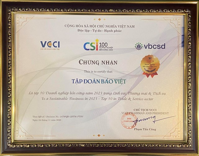 Tập đo&agrave;n Bảo Việt Top10 Doanh nghiệp bền vững Việt Nam.