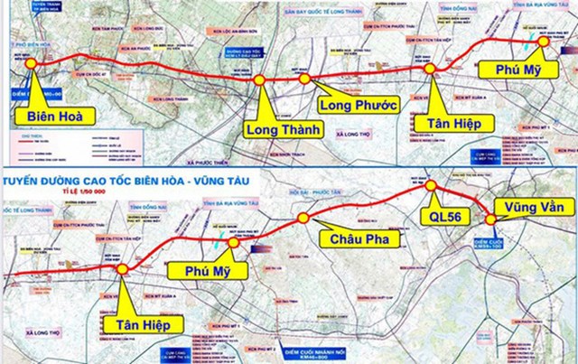 Sơ đồ dự kiến cao tốc Bi&ecirc;n H&ograve;a-Vũng T&agrave;u. (Nguồn: Sở Giao th&ocirc;ng Vận tải B&agrave; Rịa-Vũng T&agrave;u cung cấp)