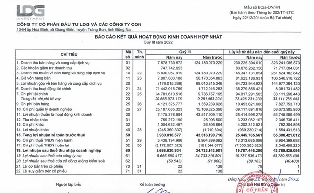 Kết quả kinh doanh qu&yacute; III/2022 của c&ocirc;ng ty LDG