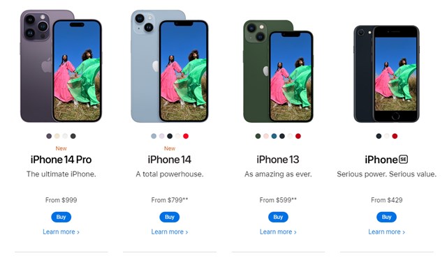 C&aacute;c sản phẩm iPhone đang được Apple cung cấp.