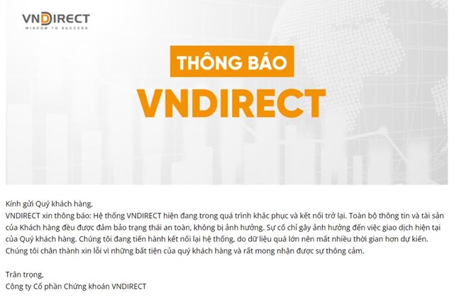 VNDirect th&ocirc;ng b&aacute;o đang trong qu&aacute; tr&igrave;nh khắc phục lỗi (Ảnh chụp m&agrave;n h&igrave;nh).