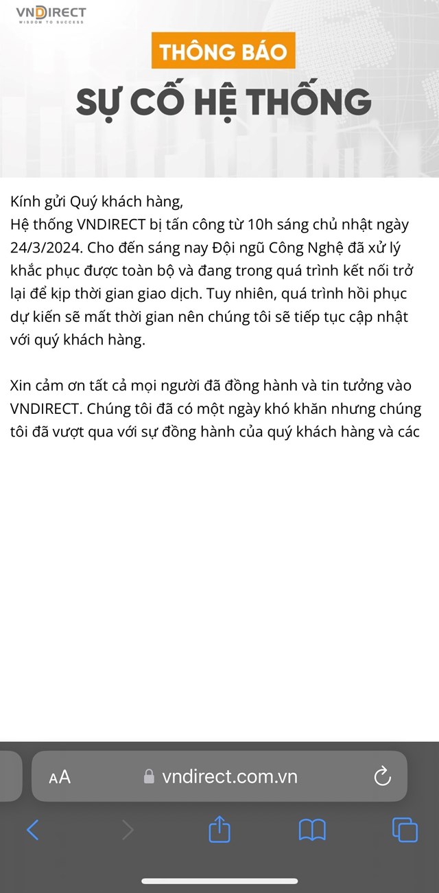 VNDirect gặp lỗi hệ thống kh&#244;ng thể truy cập cả website v&#224; ứng dụng - Ảnh 1