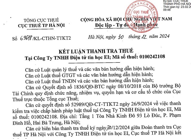 Vi phạm thuế, C&#244;ng ty TNHH Điện tử tin học EI bị xử phạt  - Ảnh 1