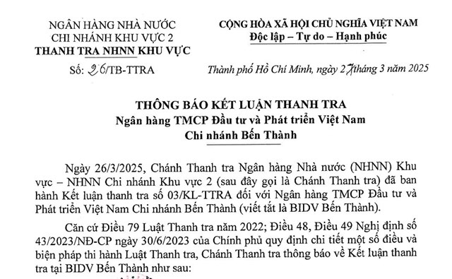 Thanh tra ph&#225;t hiện một số tồn tại, hạn chế tại BIDV Bến Th&#224;nh - Ảnh 1