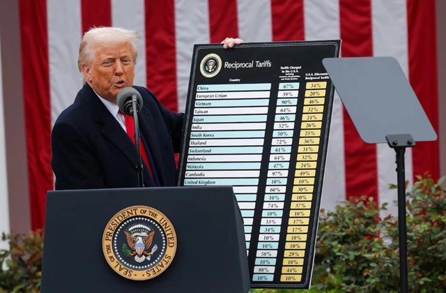 Tổng thống Mỹ Donald Trump công bố chính sách thuế mới tại sự kiện ở Vườn hồng, bên trong Nhà Trắng ngày 2/4.
