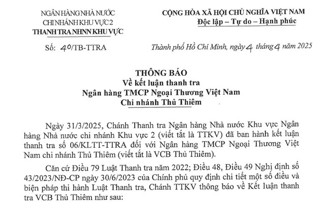 Thanh tra chỉ ra tồn tại trong hoạt động cấp t&#237;n dụng tại VCB Thủ Thi&#234;m - Ảnh 1