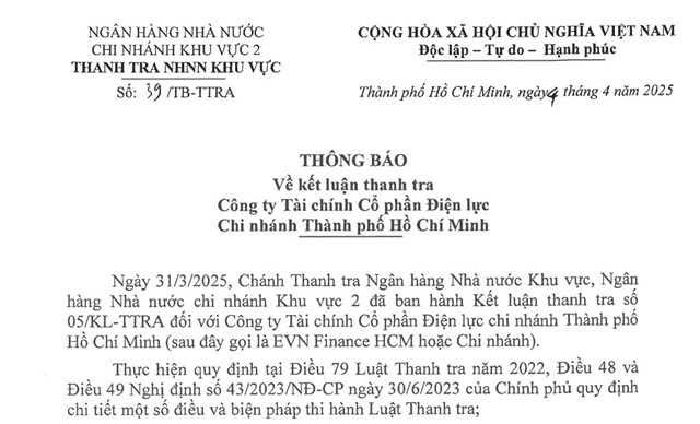 Thanh tra NHNN kết luật: EVN Finance HCM cần khắc phục một số tồn tại trong quản l&#253; cho vay - Ảnh 1