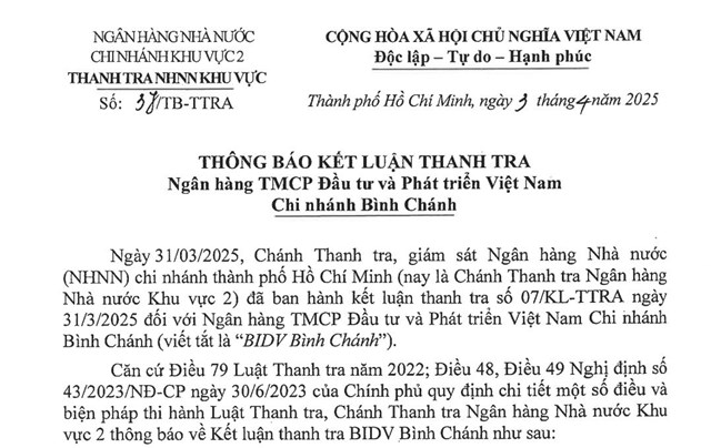 Thanh tra chỉ ra tồn tại trong hoạt động cấp t&#237;n dụng tại BIDV B&#236;nh Ch&#225;nh - Ảnh 1