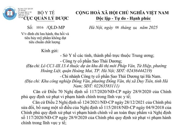 Thu hồi sản phẩm dầu gội trị chấy của Sao Th&#225;i Dương v&#236; chứa chất cấm kh&#244;ng k&#234; khai - Ảnh 1