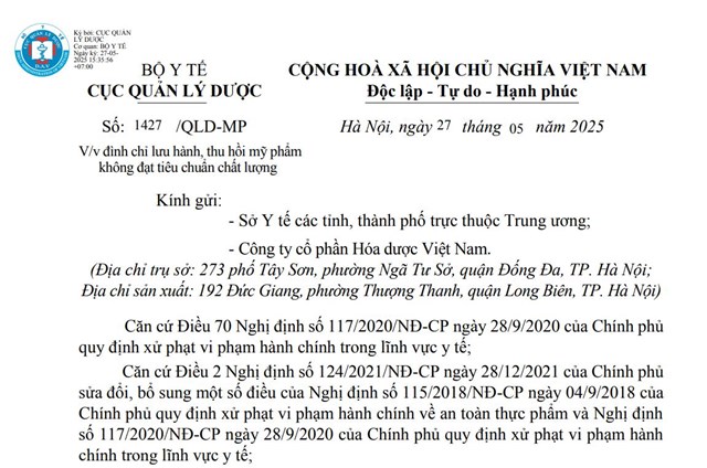 Thu hồi to&#224;n quốc l&#244; mỹ phẩm Evit M&#249; U - lọ 15ml do kh&#244;ng đạt chất lượng của C&#244;ng ty H&#243;a dược Việt Nam - Ảnh 1