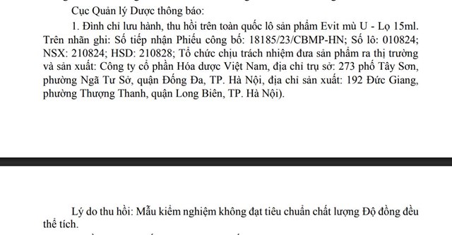 Thu hồi to&#224;n quốc l&#244; mỹ phẩm Evit M&#249; U - lọ 15ml do kh&#244;ng đạt chất lượng của C&#244;ng ty H&#243;a dược Việt Nam - Ảnh 2