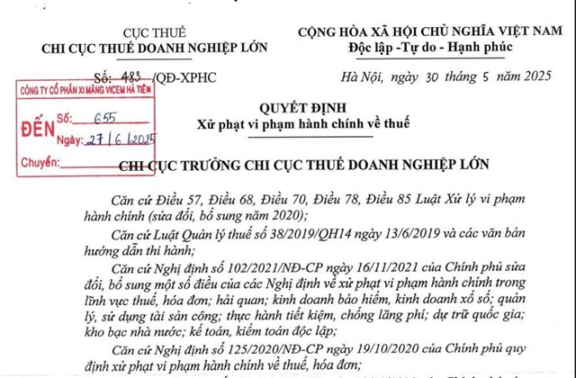 Quyết định xử phạt vi phạm h&agrave;nh ch&iacute;nh về thuế do Chi cục Thuế Doanh nghiệp lớn b&aacute;n h&agrave;nh.