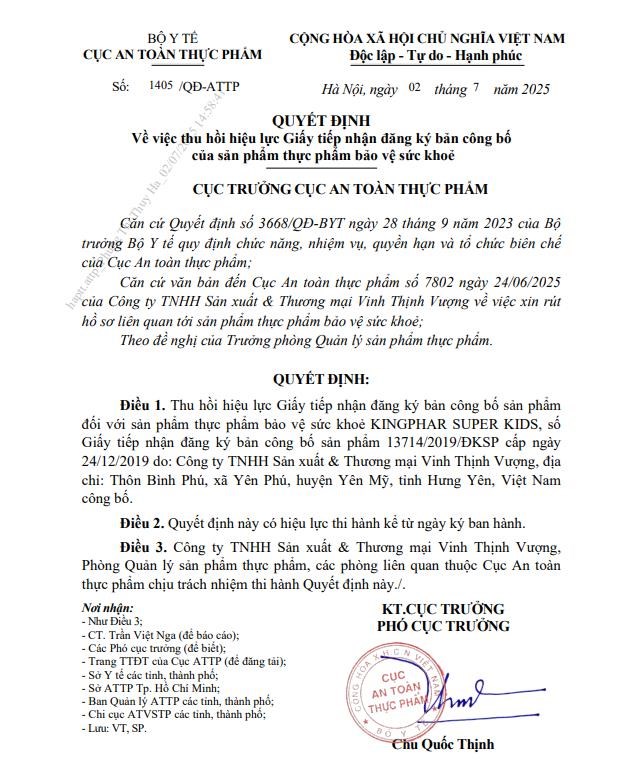Quyết định thu hồi hiệu lực Giấy tiếp nhận đăng k&yacute; bản c&ocirc;ng bố TPBVSK của C&ocirc;ng ty TNHH Sản xuất &amp; Thương mại Vinh Thịnh Vượng.