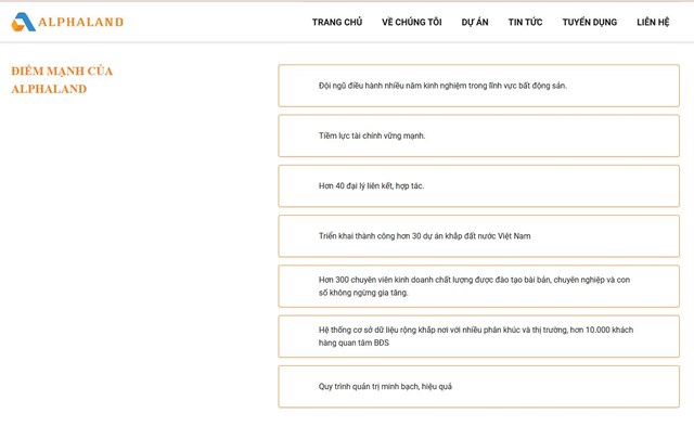 Tr&ecirc;n website ch&iacute;nh thức - AlphaLand Group tự giới thiệu l&agrave; doanh nghiệp c&oacute; tiềm lực t&agrave;i ch&iacute;nh vững mạnh.&nbsp;