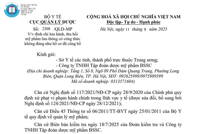 Cục Quản l&yacute; Dược (Bộ Y tế) ban h&agrave;nh c&ocirc;ng văn đ&igrave;nh chỉ lưu h&agrave;nh, thu hồi mỹ phẩm đối với C&ocirc;ng ty BSSC.