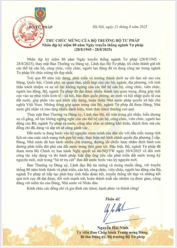 Thư ch&#250;c mừng của Bộ trưởng Bộ Tư ph&#225;p nh&#226;n kỷ niệm 80 năm Ng&#224;y truyền thống ng&#224;nh Tư ph&#225;p Việt Nam - Ảnh 1