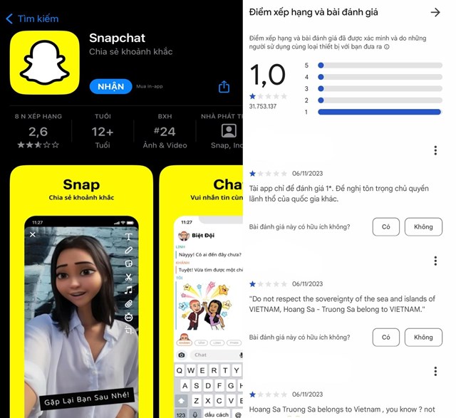 Điểm đ&aacute;nh gi&aacute; của Snapchat tr&ecirc;n App Store (tr&aacute;i) v&agrave; CH Play (phải)