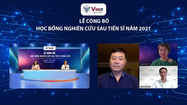 Lễ c&ocirc;ng bố Học bổng nghi&ecirc;n cứu sau Tiến sĩ năm 2021 của VinIF được tổ chức trực tuyến với sự tham gia của đại diện Vụ Gi&aacute;o dục Đại học (Bộ GD-ĐT) v&agrave; đại diện c&aacute;c trường đại học.