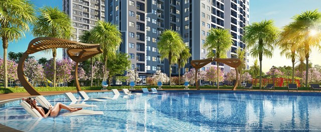 Hồ bơi Tropical Palm rộng hơn 1.000 m2 ở ph&acirc;n khu The Miami mang tới cảm gi&aacute;c thảnh thơi, thư th&aacute;i, th&iacute;ch th&uacute; cho cư d&acirc;n