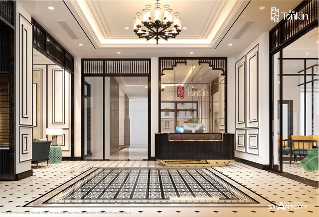 Sảnh lễ t&acirc;n The Tonkin mang đậm chất Indochine với gạch b&ocirc;ng hoa văn truyền thống, đ&egrave;n trần, ph&agrave;o chỉ phong c&aacute;ch cổ điển v&agrave; lam gỗ với họa tiết &Aacute; Đ&ocirc;ng. &nbsp;