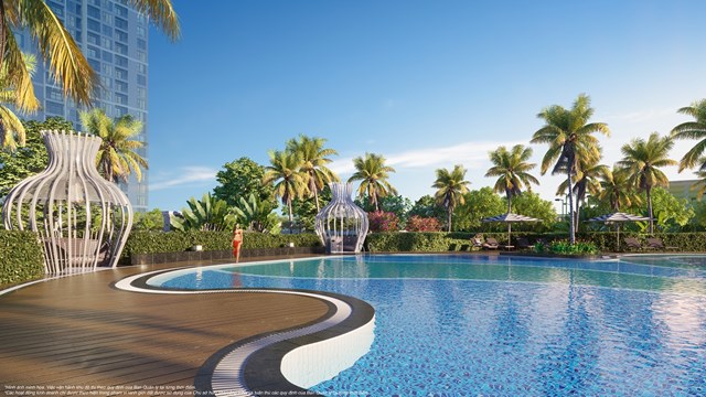 Bể bơi rộng gần 1.000m2 được thiết kế như ốc đảo nghỉ dưỡng giữa l&ograve;ng đại đ&ocirc; thị. &nbsp;