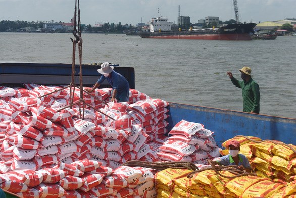 C&ocirc;ng nh&acirc;n đưa gạo l&ecirc;n t&agrave;u ở cảng Mỹ Thới, TP Long Xuy&ecirc;n, An Giang để vận chuyển đi xuất khẩu - Ảnh: BỬU ĐẤU