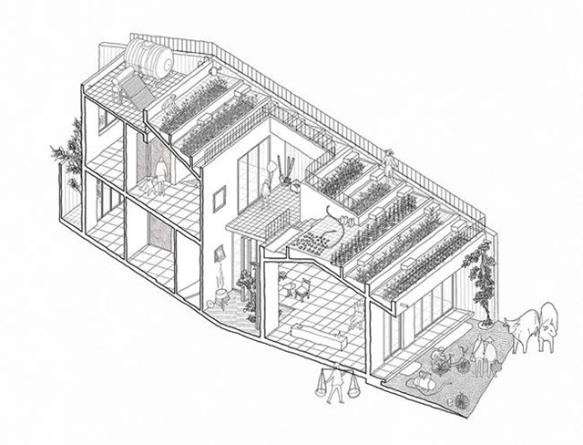 Thay v&igrave; c&oacute; một khoảng s&acirc;n rộng như những ng&ocirc;i nh&agrave; kh&aacute;c, &ldquo;M&aacute;i Nh&agrave; Đỏ&rdquo; c&oacute; nhiều khoảng s&acirc;n với chiều cao kh&aacute;c nhau, ph&ugrave; hợp với chiều cao của cấu tr&uacute;c ng&ocirc;i nh&agrave;. C&aacute;c khoảng s&acirc;n bố tr&iacute; ở ph&iacute;a trước, giữa v&agrave; sau kết nối kh&ocirc;ng gian của ng&ocirc;i nh&agrave; với thi&ecirc;n nhi&ecirc;n.