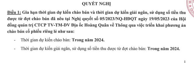 Địa ốc Ho&#224;ng Qu&#226;n (HQC) l&#249;i thời gian ch&#224;o b&#225;n ri&#234;ng lẻ 100 triệu cổ phiếu sang năm 2024 - Ảnh 1