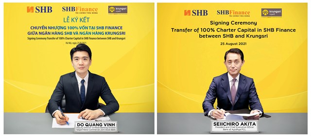 Đại diện ng&acirc;n h&agrave;ng SHB v&agrave; ng&acirc;n h&agrave;ng Krungsri k&yacute; kết chuyển nhượng 100% vốn tại SHB Finance. Ảnh:&nbsp;SHB