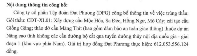 DPG c&ocirc;ng bố việc tr&uacute;ng g&oacute;i thầu mới.
