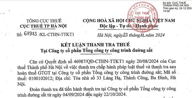 Vi phạm thuế, Tổng c&#244;ng ty C&#244;ng tr&#236;nh đường sắt bị phạt v&#224; truy thu thuế hơn 3,8 tỷ đồng - Ảnh 1