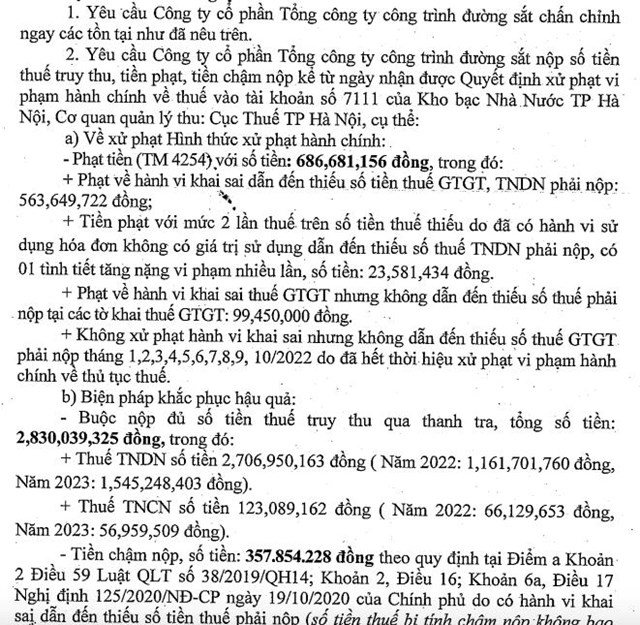 Vi phạm thuế, Tổng c&#244;ng ty C&#244;ng tr&#236;nh đường sắt bị phạt v&#224; truy thu thuế hơn 3,8 tỷ đồng - Ảnh 4