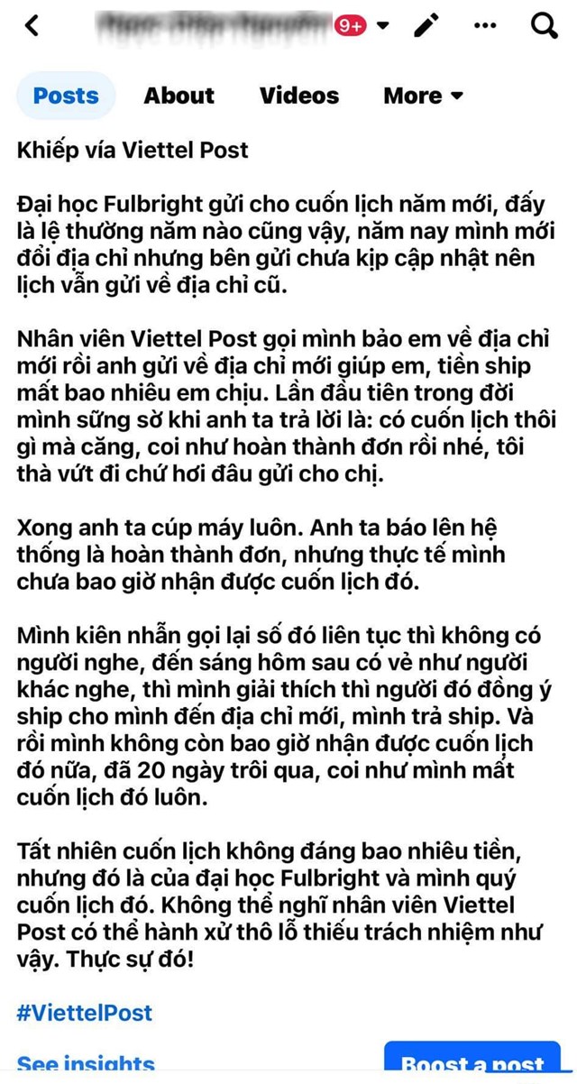 Chị N.D v&ocirc; c&ugrave;ng bức x&uacute;c trước th&aacute;i độ của nh&acirc;n vi&ecirc;n khi c&oacute; trải nghiệm kh&ocirc;ng tốt với dịch vụ giao h&agrave;ng của Viettel Post. (Ảnh chụp m&agrave;n h&igrave;nh)