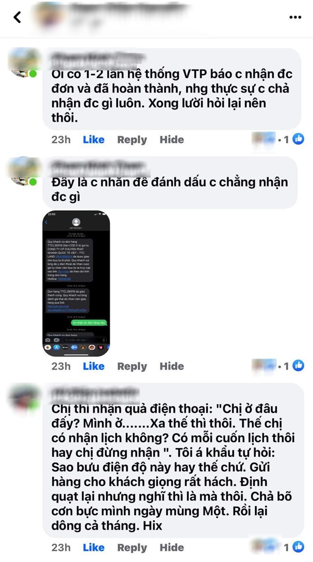 Ảnh chụp m&agrave;n h&igrave;nh một v&agrave;i &yacute; kiến ph&agrave;n n&agrave;n của kh&aacute;ch h&agrave;ng trước dịch vụ của Viettel Post
