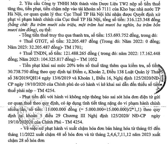 Vi phạm thuế v&#224; h&#243;a đơn, C&#244;ng ty TNHH MTV Dược liệu TW2 bị phạt, truy thu hơn 316 triệu đồng - Ảnh 3
