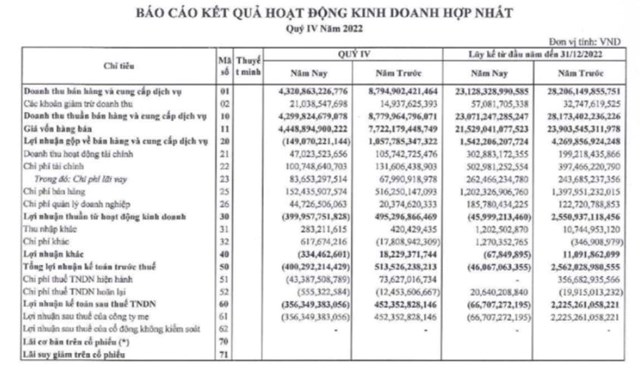 Kết quả kinh doanh qu&yacute; IV/2022 của Th&eacute;p Nam Kim