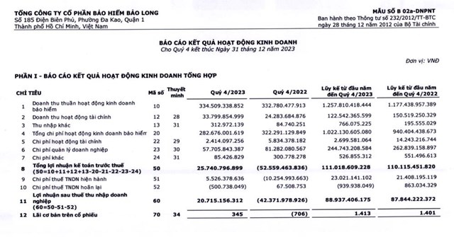 Lợi nhuận năm 2023 của Bảo hiểm Bảo Long (BLI) đi ngang so với năm ngo&#225;i - Ảnh 1