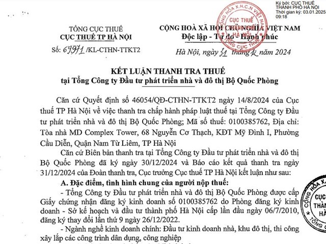 Vi phạm thuế, Tổng c&#244;ng ty Đầu tư ph&#225;t triển nh&#224; v&#224; đ&#244; thị Bộ Quốc Ph&#242;ng bị phạt, truy thu gần 9,3 tỷ đồng - Ảnh 1