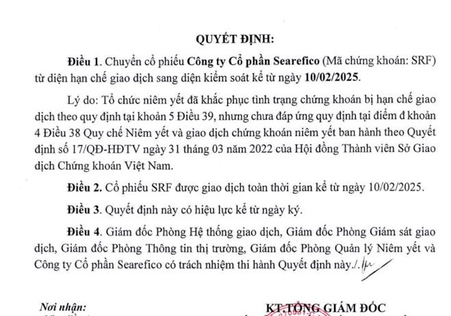 Cổ phiếu SRF của c&#244;ng ty Searefico được giao dịch to&#224;n thời gian trở lại từ ng&#224;y 10/02/2025 - Ảnh 1