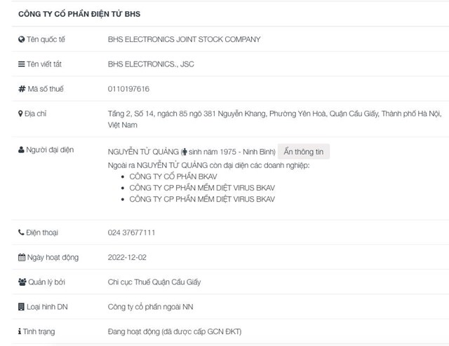 C&#244;ng ty Điện tử BHS của CEO Bkav Nguyễn Tử Quảng giảm vốn từ 10 tỷ đồng c&#242;n 1 tỷ đồng - Ảnh 1