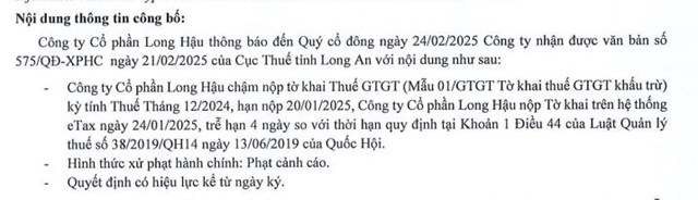 Long Hậu (LHG) bị Cục Thuế tỉnh Long An phạt cảnh c&#225;o do chậm nộp tờ khai thuế - Ảnh 1