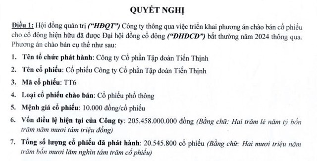 Tập đo&#224;n Tiến Thịnh (TT6) ch&#224;o b&#225;n hơn 5,1 triệu cổ phiếu, huy động hơn 51,3 tỷ đồng để trả nợ - Ảnh 1