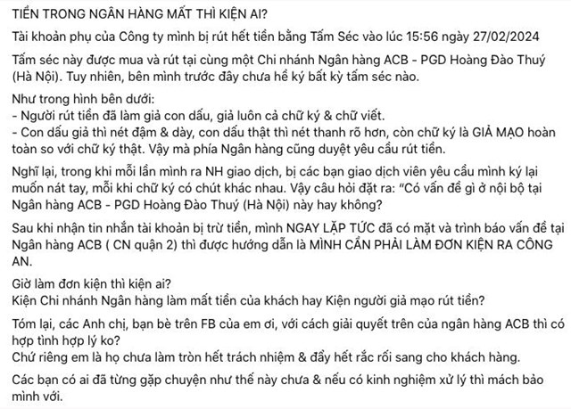 T&agrave;i khoản phụ của C&ocirc;ng ty Riin Group bất ngờ bị r&uacute;t 95 triệu đồng bằng s&eacute;c.&nbsp;