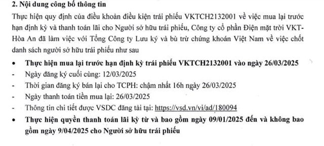 Điện mặt trời VKT - H&#242;a An muốn mua lại trước hạn định kỳ l&#244; tr&#225;i phiếu ph&#225;t h&#224;nh năm 2021 - Ảnh 1
