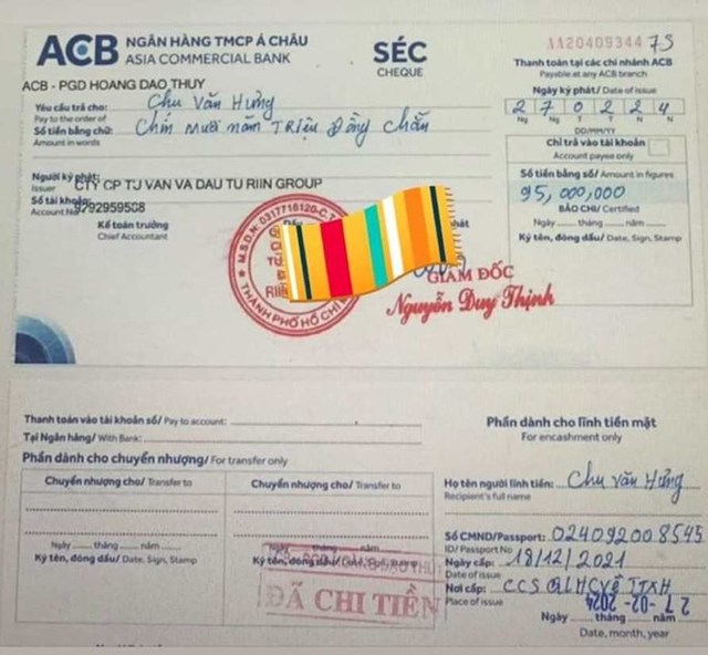 T&agrave;i khoản phụ của C&ocirc;ng ty Riin Group bất ngờ bị r&uacute;t 95 triệu đồng bằng s&eacute;c.&nbsp;