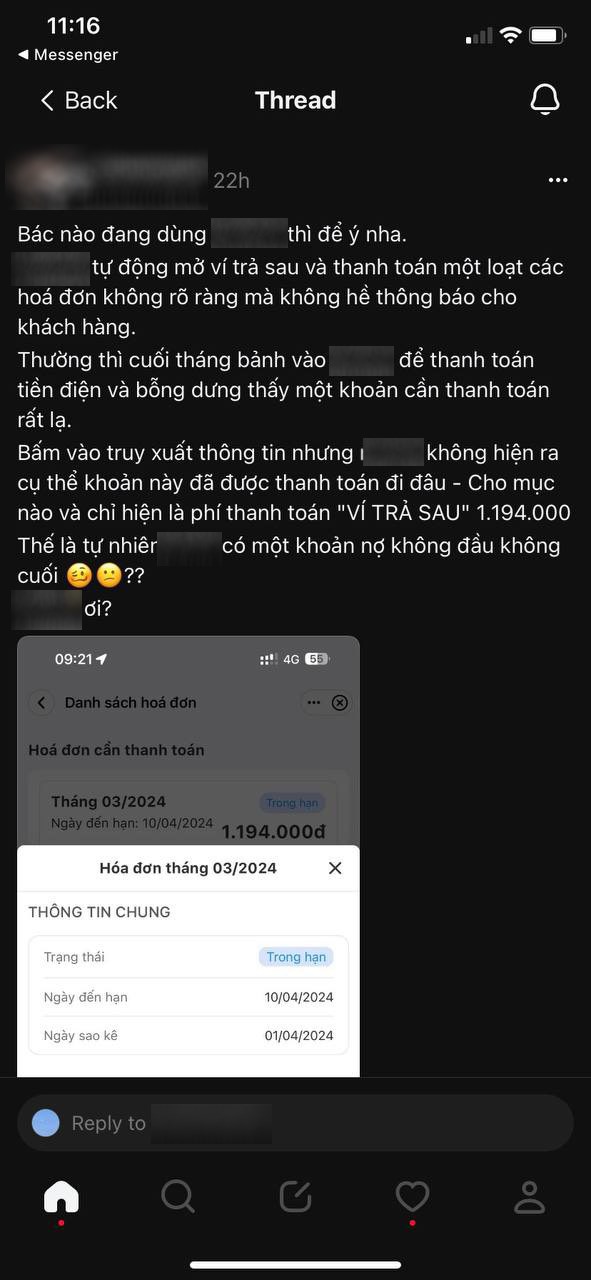 Ảnh chụp m&agrave;n h&igrave;nh chia sẻ của người d&ugrave;ng khi bị 'mắc nợ' gần 1,2 triệu đồng m&agrave; kh&ocirc;ng hiểu đ&atilde; chi trong việc g&igrave;.