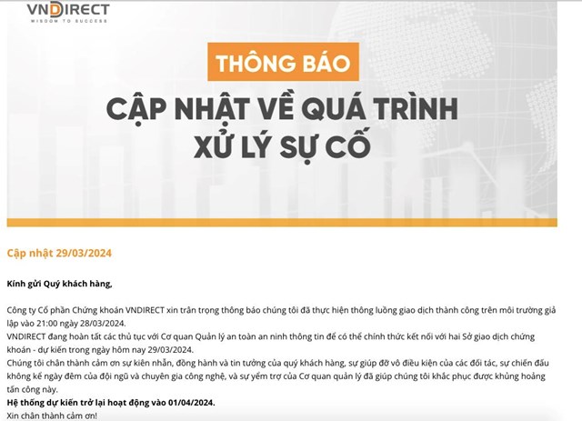 Hệ thống giao dịch VNDirect (VND) dự kiến trở lại hoạt động v&#224;o ng&#224;y 01/04/2024 - Ảnh 1