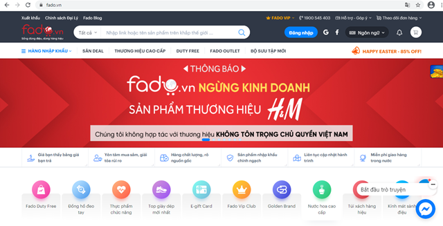 Fado&nbsp;th&ocirc;ng b&aacute;o ngừng kinh doanh c&aacute;c sản phẩm thương hiệu H&amp;M tr&ecirc;n website. (Ảnh chụp m&agrave;n h&igrave;nh)