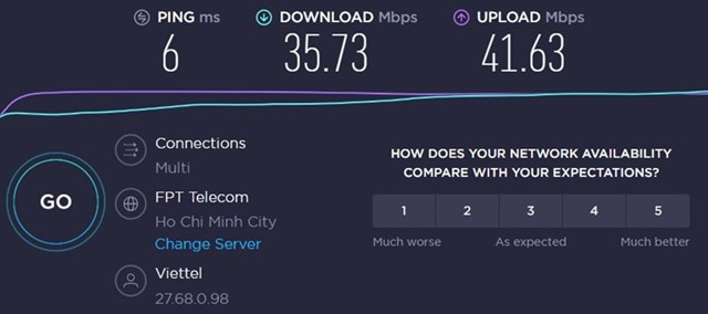 Tốc độ đường truyền của FPT Telecom v&agrave;o khoảng 40 Mbps, độ trễ khoảng 6ms.